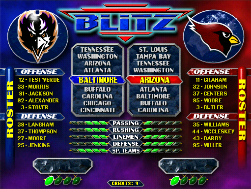 NFL Blitz (boot ROM 1.2) select screen