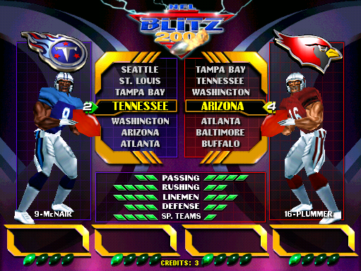 NFL Blitz 2000 Gold Edition (ver 1.2, Sep 22 1999) select screen
