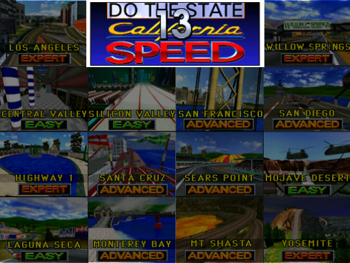 California Speed (Version 2.1a Apr 17 1998, GUTS 1.25 Apr 17 1998 / MAIN Apr 17 1998) select screen