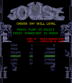 Joust 2 - Survival of the Fittest (revision 2) select screen