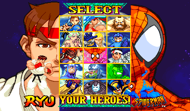 Marvel Vs. Capcom: Clash of Super Heroes (Euro 980123) select screen