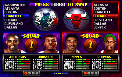 NBA Hangtime (rev L1.1 04/16/96) select screen