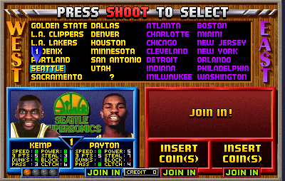 NBA Jam TE (rev 4.0 03/23/94) select screen