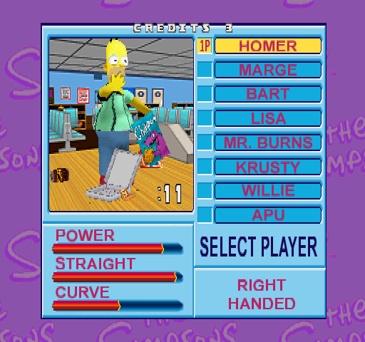 Simpsons Bowling (GQ829 UAA) select screen