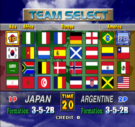 Tecmo World Cup Millennium (Japan) select screen