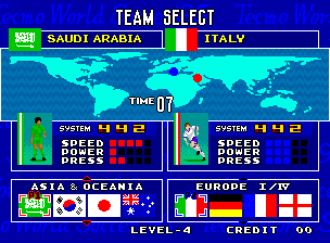 Tecmo World Soccer '96 select screen