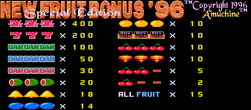 New Fruit Bonus '96 Special Edition (bootleg set 1, v97-3.3c Portuguese) Title Screen