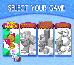 Puzzle King (PacMan 2, Tetris, HyperMan 2, Snow Bros.) select screen