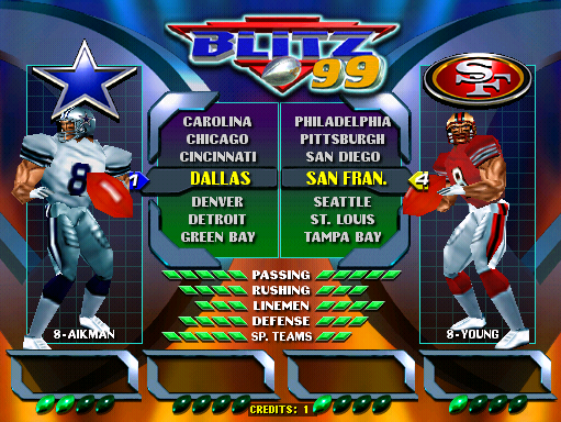 NFL Blitz '99 (ver 1.30, Sep 22 1998) select screen