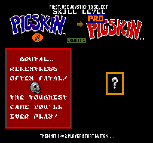Pigskin 621AD (rev 1.1K 8/01/90) select screen