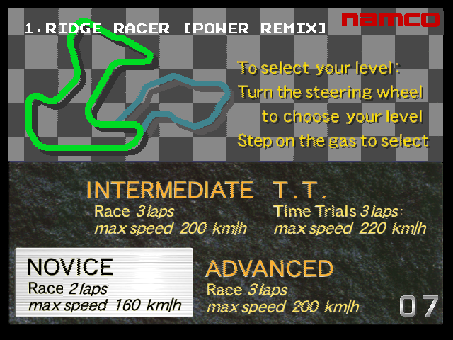 Ridge Racer (Rev. RR3, World) select screen
