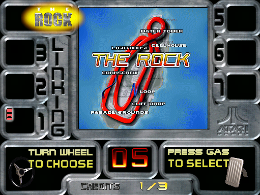 San Francisco Rush: The Rock (boot rom L 1.0, GUTS Oct 6 1997 / MAIN Oct 16 1997) select screen