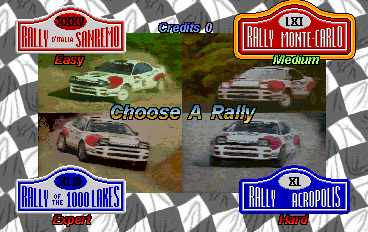 World Rally (Version 1.0, Checksum 0E56) select screen