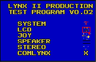 Screenshot Thumbnail / Media File 1 for Lynx II Production Test Program V0.02 (USA) (Proto)